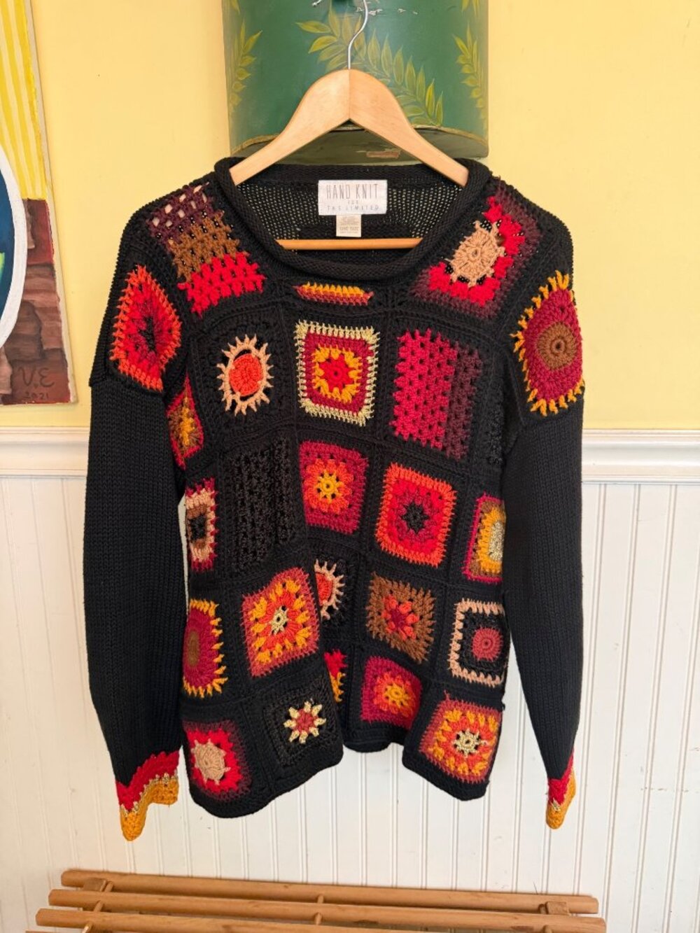 Hand-Knit Multicolor Crochet Patchwork Sweater By The Limited One Size